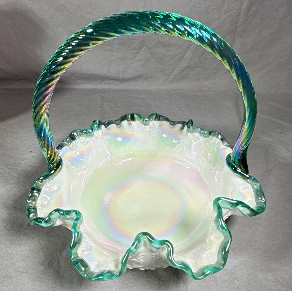Fenton Teal Crest Spanish Lace Iridized Milk Glass Basket 1990s C3538 TC MINT